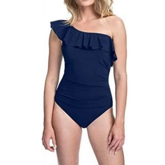 Gottex Sz 10 Swimsuit One Shoulder Ruffle Neck Blue One Piece New NWT - Picture 1 of 5
